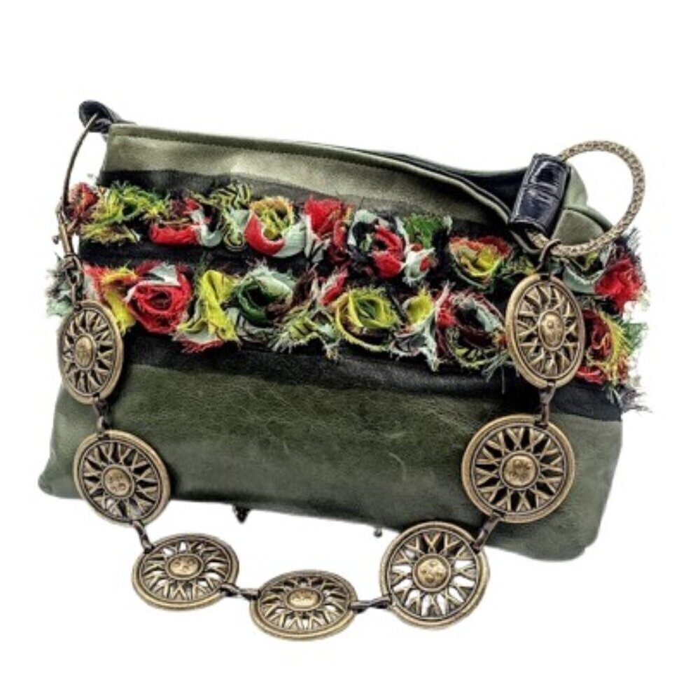 Artisan Green Leather Mesh Floral Hammered Metal Chain Link Strap Bag